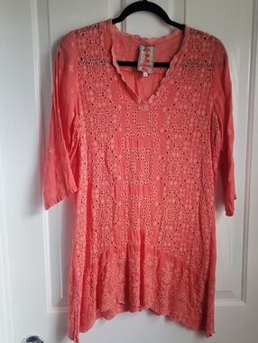 Johnny Was Orange Salmon Eyelet Lace V-Neck Tunic Shirt Top Small S